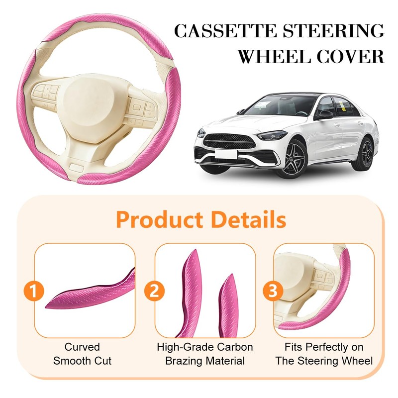 3PCS Carbon Fiber Car Steering Wheel Cover, Leather Segmented Anti-Skid