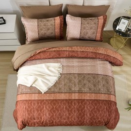 Dinjoy Red Brown King Size Comforter Set,Striped Bed in a Bag King 7 Pieces Soft Boho Fall Bedding Comforters Sets Microfiber Complete Bed Sets for All Season