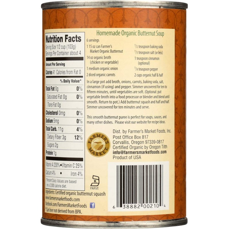 Farmer's Market Organic Canned Butternut Squash Puree, 15 Ounce (Pack