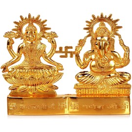 IS4A Lakshmi Ganesh Gold Plated Energized Idol Statue Figurine Wedding Festival Anniversary Diwali Puja Spiritual Gift 4 Inch