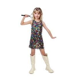 Sinkawa Jackets Girls Sequin Dress Sparkly Sleeveless Costume Prom Concert Party Outfit with Glitter Microphone Prop-Large