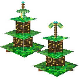 2 Pack Cupcake Stands for Pixel Game Birthday Party Decorations Game Party Favors Supplies, Cardboard Cupcake Holder with Toppers Table Centerpieces