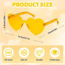 SelfTek 10 Pcs Yellow Heart Glasses Rimless Heart Sunglasses Love Heart Shaped Glasses Transparent Colored Heart Glasses Multipack Fashion Funky Eyewear for Women Men Kids