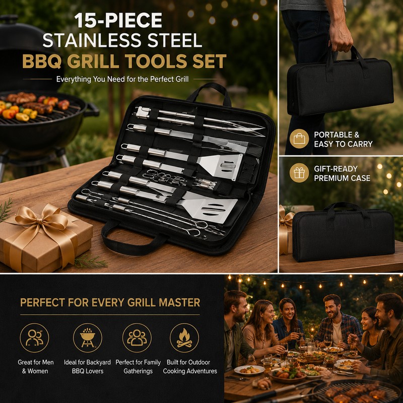 15pcs Stainless Steel BBQ Grill Tool Set for Outdoor Cooking