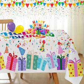 Happy Birthday Tablecloth Rectangle 52 x 70 Inch Colorful Gifts Balloons Confetti Waterproof Washable Wrinkle Free Table Cloth, Fabric Table Cover for Dining, Party, Indoor, Outdoor Decoration