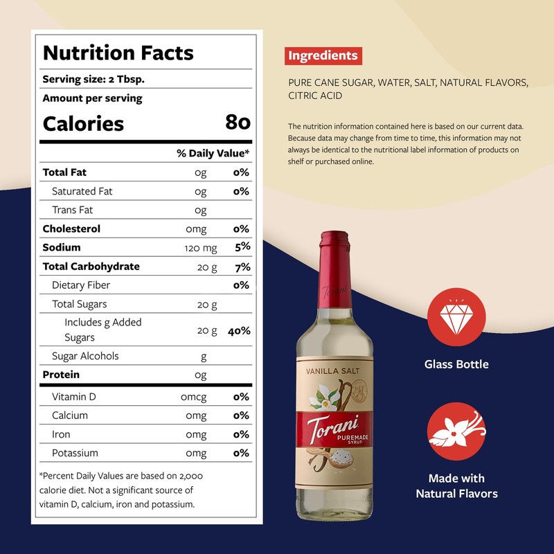 Torani Puremade Syrup, Vanilla Salt Flavoring for Drinks, Glass Bottle