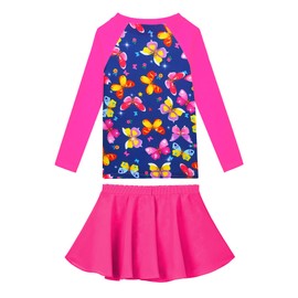 Girls Swimsuit Size 7-8 Years Old Kids Rose Butterfly Long Sleeve Bathing Suit Sets with Shorts Sun Protection