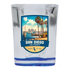 R and R Imports San Diego California Souvenir 2.5 Ounce Shot Glass Square Blue Base B