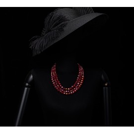 COOLSTEELANDBEYOND Red Crystal Beads Statement Necklace, Three-strand Layered Necklace, Waterfall