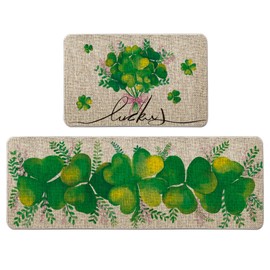 QIONG MENG St. Patrick's Day Kitchen Rug Shamrock Clover Kitchen Mat Set of 2, Decorative Farmhouse Floor Mats for Home Kitchen Dining Room Decorations - 17x27 and 17x47 Inch