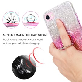 SouliGo Compatible with Apple 7/8/SE Case, Slim Thin Shinny Sparkly Soft TPU Shockproof Protective Rotatable Ring Kickstand Hybrid Protection Car Mount Support Girls Women, Pink Glitter