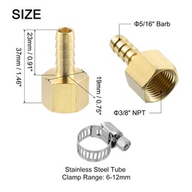 sourcing map 2pcs Brass Hose Barb Fittings, 5/16" Barb x 3/8" NPT Female Brass Barb Pipe Fitting Adapter with 2pcs Hose Clamps for Water Fuel Air