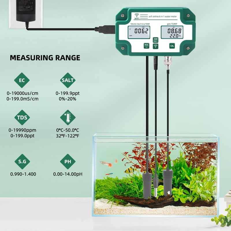 Yewhick 6-in-1 pH Monitor Salt Temp S.G TDS EC Water