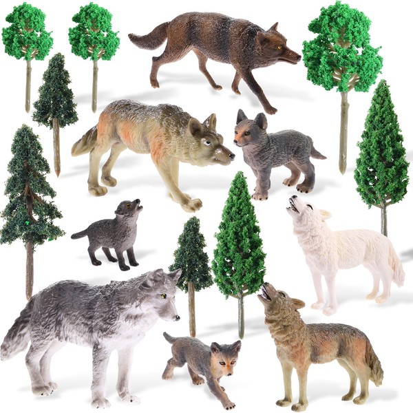 Juego de 16 figuras de animales del bosque, 8 figuras de juguete de lobo y 8 piezas de árboles de plástico mezclados, árbol de lobo del bosque, decoración para pasteles de Diorama, accesorios de casa de muñecas en miniatura, paisaje de tren