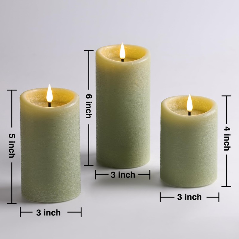 Sage Green Moving Flame LED Pillar Candles with Remote Set