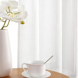 CUCRAF Linen-Look Voile Curtains, with Eyelets, for Bedroom, Living Room, Linen Colour, Set of 2