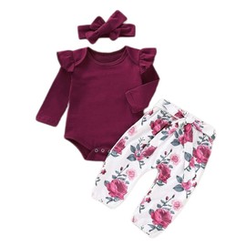 Aoswep Newborn Baby Girl Clothes, Infant Girl Outfits Long Sleeve Ruffle Romper + Floral Pants + Headband Set (3-6 Months,Red)