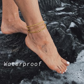 PATISORNA Ankle Bracelets for women,14 Gold Plated Waterproof Layered lightweight Cuban Link Figaro Chain Anklets Set Gold Anklets Jewelry for women Trendy,gifts for women