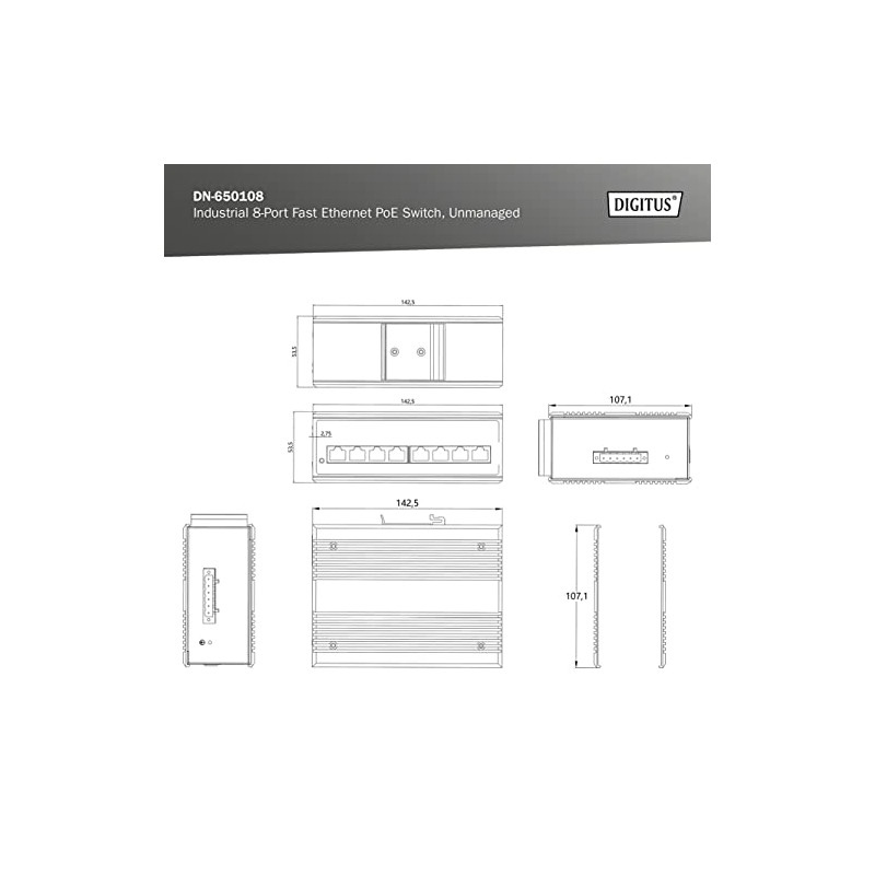 DIGITUS PoE Network Switch - 8-Port Fast Ethernet - DIN-Rail