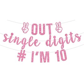 Out Single Digits I'm 10 Banner, In My 10th Birthday Era Time/Hello 10/Double Digits, Happy 10th Birthday Party Decorations Supplies for Boy Girl, Pink Glitter