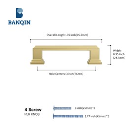 Banqin 10 Pack Brushed Gold Cabinet Handles, 3 Inch Hole Center Pulls, Kitchen Cabinet Handles Square Drawer Pulls for Kitchen Bathroom Bedroom