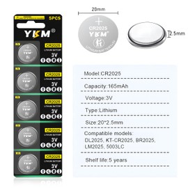 YKM 5 Pack CR2025 Battery DL2025 ECR2025 BR2025 2025 3V Lithium Coin Battery for Airtag Car Remote Key Fob Scale Watch Battery