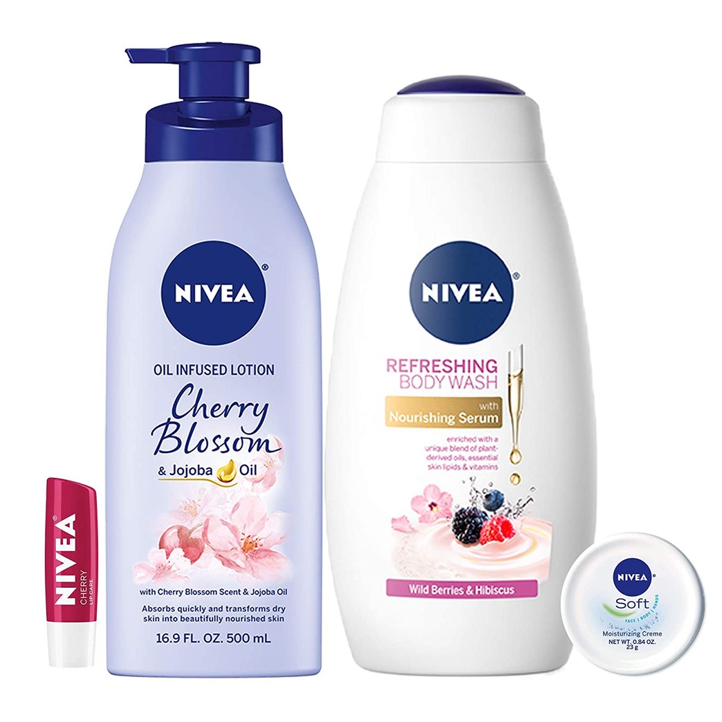 NIVEA Fresh and Fruity Self-Care Kit - 4 Piece Bundle with Body Lotion, Body Wash, Lip Balm, and Multipurpose Cream