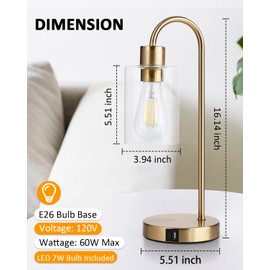 QHANTOMIZE Bedside Lamps Set of 2, Gold Touch Table Lamp with USB C+A Ports, 3 Way Dimmable Bedroom Lamps with Glass Shade, Brass Nightstand Lamp for Bedroom Living Room, 2 LED Bulbs Included