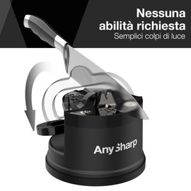 AnySharp Affilacoltelli, Sicurezza Mani Libere, Potente Suzione PowerGrip, Affila Sicuramente Tutti i Coltelli da Cucina, Ideale per Acciaio Temperato e Dentati, Il Migliore del Mondo, Nero
