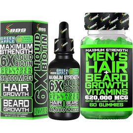 Beard Growth Kit w/ 6X Liquid BIOTIN Supplement with Collagen Peptides + 620,000mcg BIOTIN Gummies Beard Growth Vitamins & Hair Growth Vitamins for Men