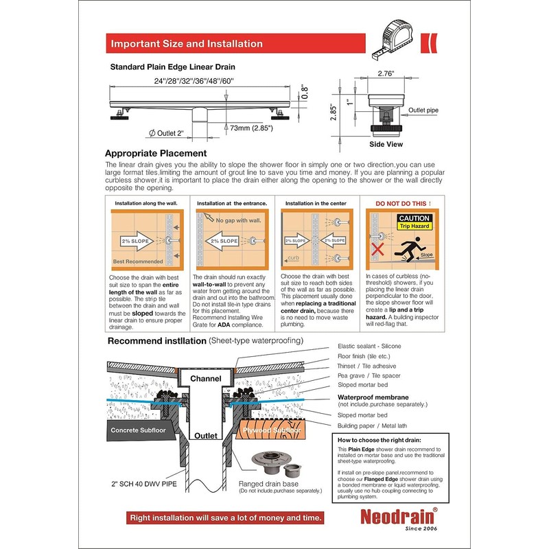 Neodrain 48-Inch Linear Shower Drain with Removable Quadrato Pattern Grate,Brushed