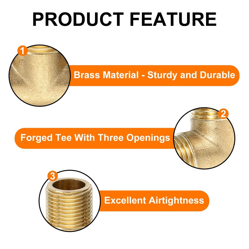 sourcing map Brass Tee Pipe Fitting, 3/8"(Male x Male x