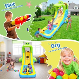NBSPORT Inflatable Water Slide - Crocodile Theme Bounce House Water Park with Blower, Climbing Wall, Splash Pool, Water Cannon, Blow up Toddler Waterslide for Kids and Adults Backyard, Green