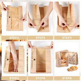 Motipuns 100 Pcs Baking Bread Storage Bags with Label Seal Sticker 14 x 8.3 x 3.5'' Large Paper Bread Bags with Clear Front Window Brown Loaf Bread Packaging for Homemade Bread Cookie Sourdough