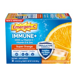 Emergen-C Immune+ Triple Action Immune Support Powder, BetaVia (R), 1000mg Vitamin C, B Vitamins, Vitamin D and Antioxidants, Super Orange, Back to School Essentials – 30 Count