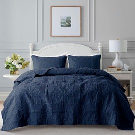 B2EVER Boho Quilt California King Size Bedding Set with Pillow Shams, Navy Blue Quilted Blanket Thin Comforter Bed Cover, 3 Pieces, 118x106 inches