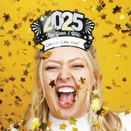 Big Dot of Happiness Hello New Year’s Eve Party Headbands, 2025 New Years Resolution Party Hats, New Years Eve Party Hats, New Years Games, 2025 NYE Party Decorations, Black, Gold, Set of 16