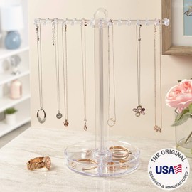 STORi 30 Peg Necklace Holder with Organizer Tray, Premium Quality Jewelry Stand, Store Perfume Bottles & Makeup in the Divided Vanity Tray, Made in USA