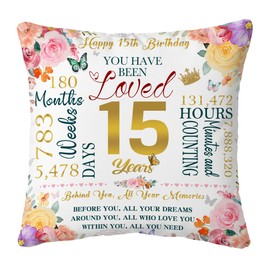 15th Birthday Gifts for Girls Throw Pillow Covers 18x18 Inch 15 Year Old Girl Gifts Happy 15th Birthday Teen Boys Girls Gift Ideas Best Gifts for Daughter Son Teens 15th Presents Birthday Decorations