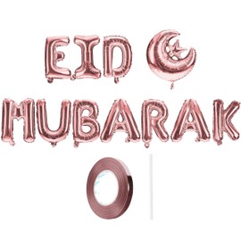 16" Gold Silver Rose Gold Happy Eid Mubarak Foil Balloons - Metallic Letter Balloons Eid Party Decorations (Rose Gold)