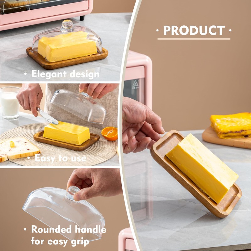 MKLZ Glass Butter Dish with Lid, Clear Domed Cheese Dish