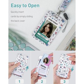 Uniclife Fashionable Sliding Badge Holder Stationery Pattern Plastic Case with Retractable Badge Reel Carabiner Clip & Detachable Lanyard Strap Vertical Card Protector for Women Nurse Teacher Student