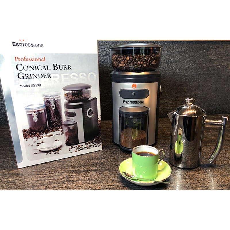 Espressione Professional Conical Burr Coffee Grinder, Black/Silver, 8.5-Oz.