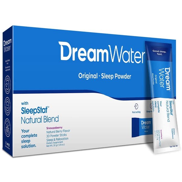 Dream Water Natural Sleep Aid, Powder; GABA, MELATONIN, 5-HTP, 2.5oz Shot, Snoozeberry, 30 Count