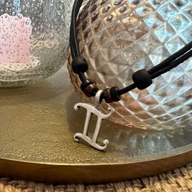 Hana Lima 1 of 12 Zodiac Signs on Adjustable Horoscope Leather Necklace, Surfer Chain, Pewter