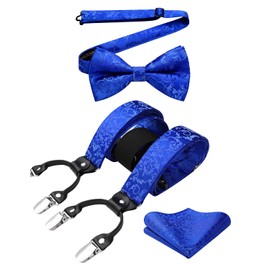 HISDERN Suspenders for Men Blue Paisley Suspender & Pred-Tie Bowtie Pocket Square Sets Royal Blue Adjustable Y Shape 6 Clips Wedding Braces