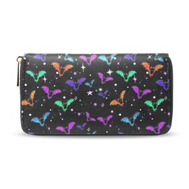 RYQAO Womens Wallet PU Leather Long Purse Credit Card Clutch with Zipper Coin Purse, Psychedelic Galaxy Bat, One Size, Casual
