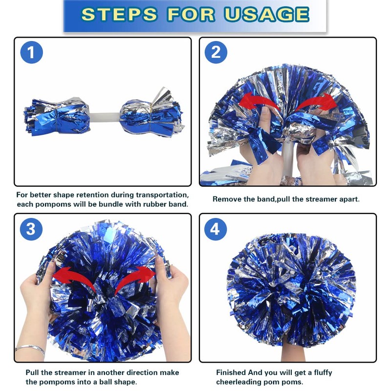Lovecheer 2PCS Pom Poms Cheerleading Blue and Silver Metallic Cheer