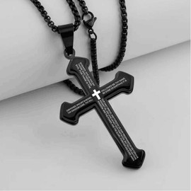 Cross Necklace with the Lord's Prayer Inscription, Christian Jewelry, Crucifix, Made with Stainless Steel, Black Color (Black)