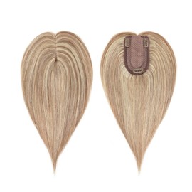 MY-LADY Human Hair Toppers for Women Real Remy Hair 150% Density 7 * 13CM Silk Base No Bangs Clip in Hair Pieces Straight Hairpiece for Thinning Hair 6 Inch #12/613 Golden Brown & Bleach Blonde